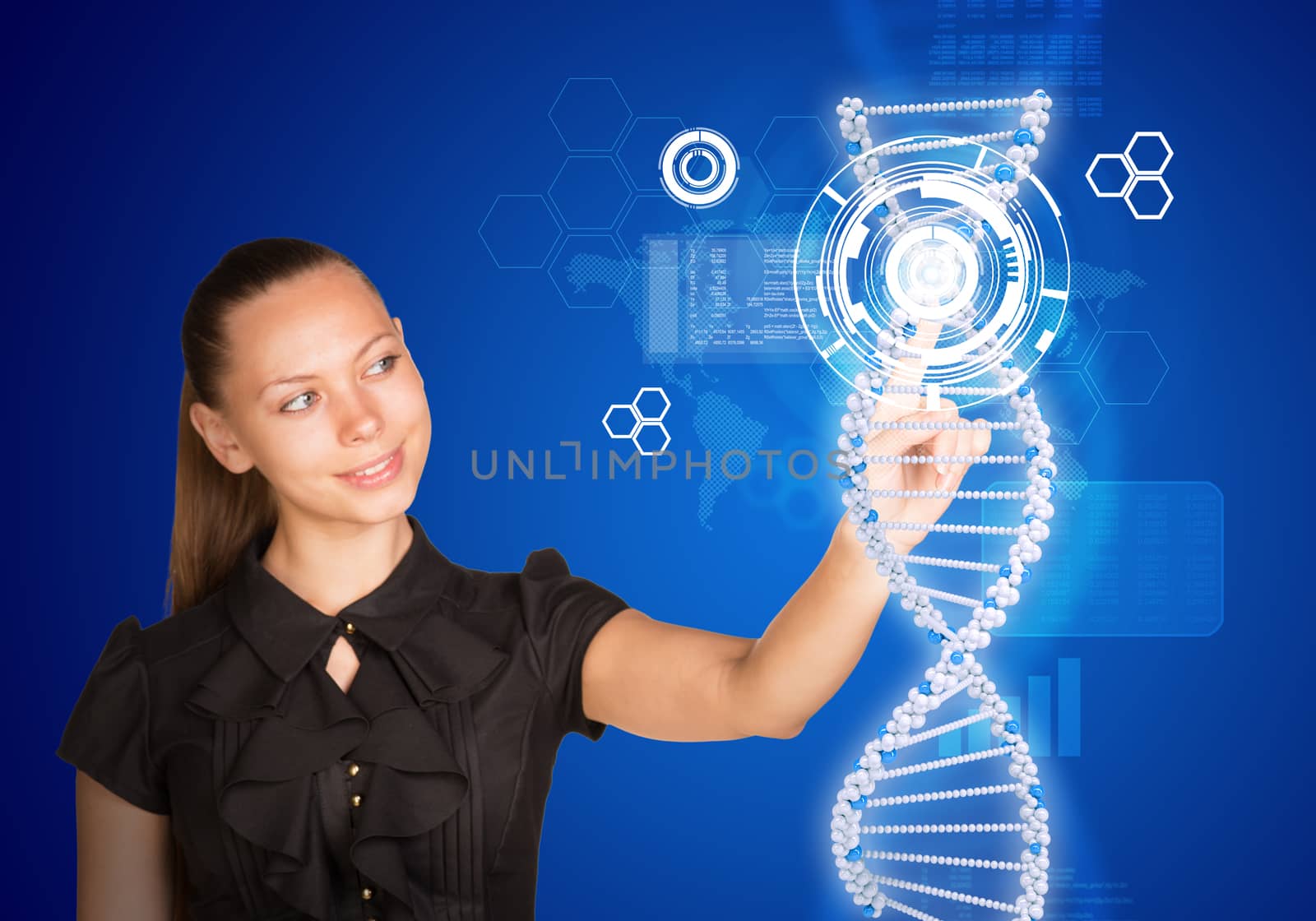 Beautiful businesswoman in dress smiling and presses finger on model of DNA. Scientific and medical concept