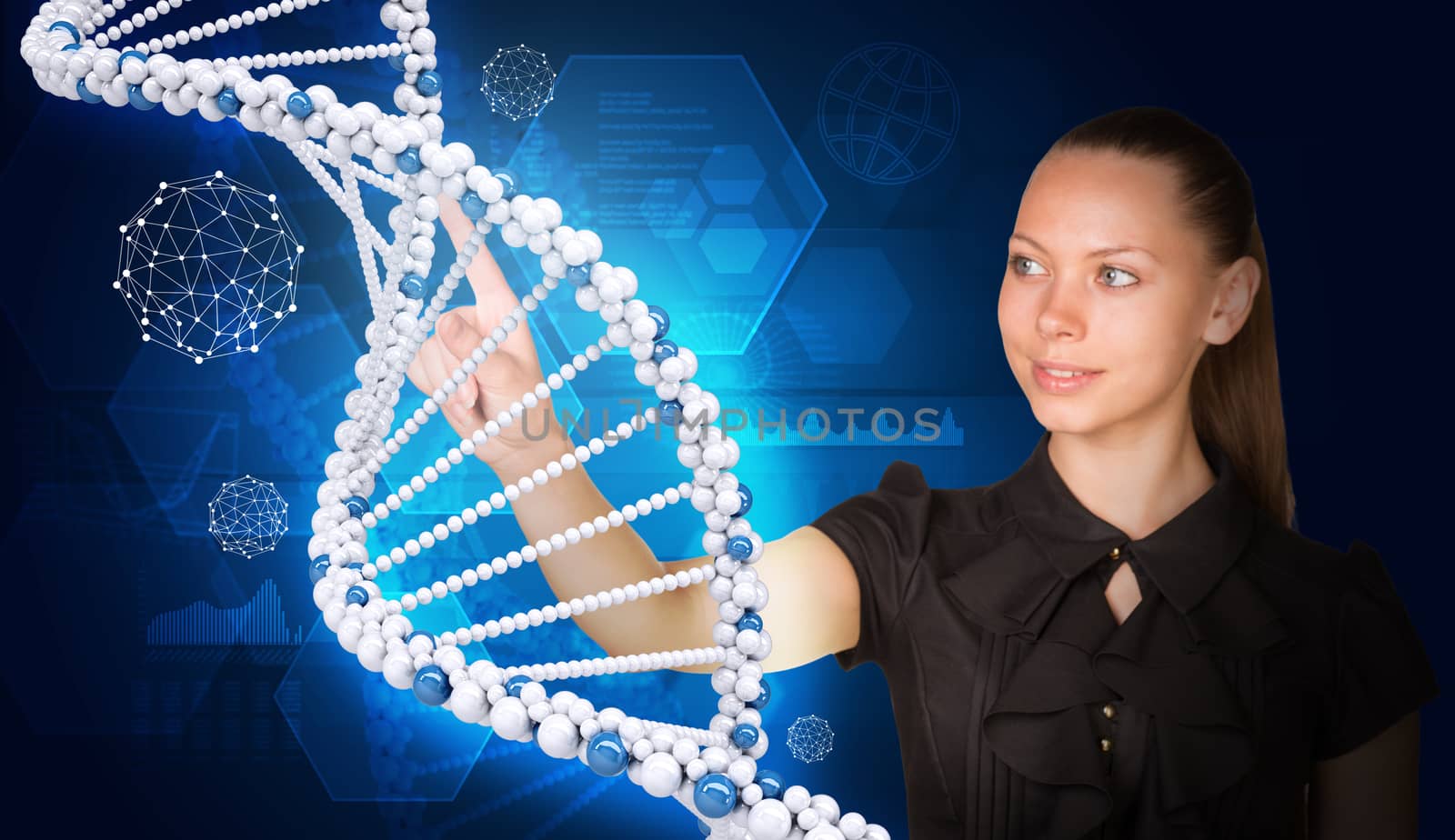 Beautiful businesswoman in dress smiling and presses finger on model of DNA. Scientific and medical concept