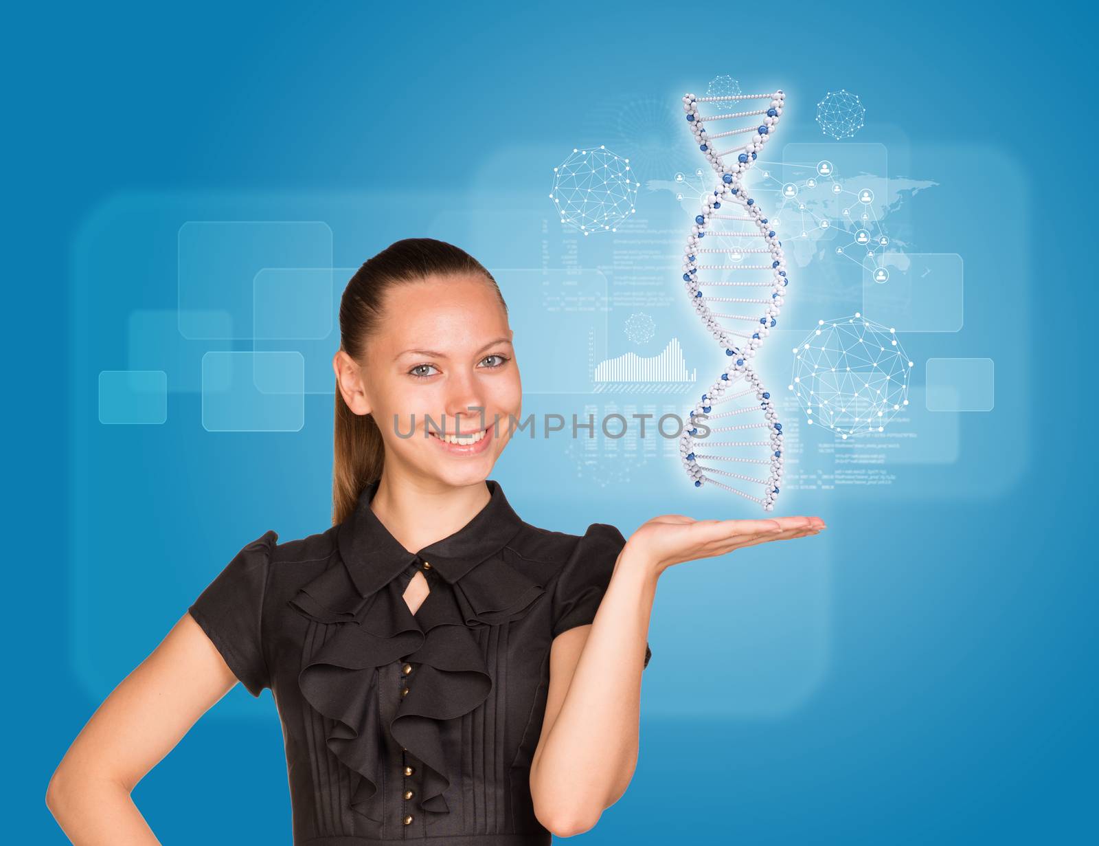 Beautiful businesswoman in dress smiling and holding model of DNA by cherezoff