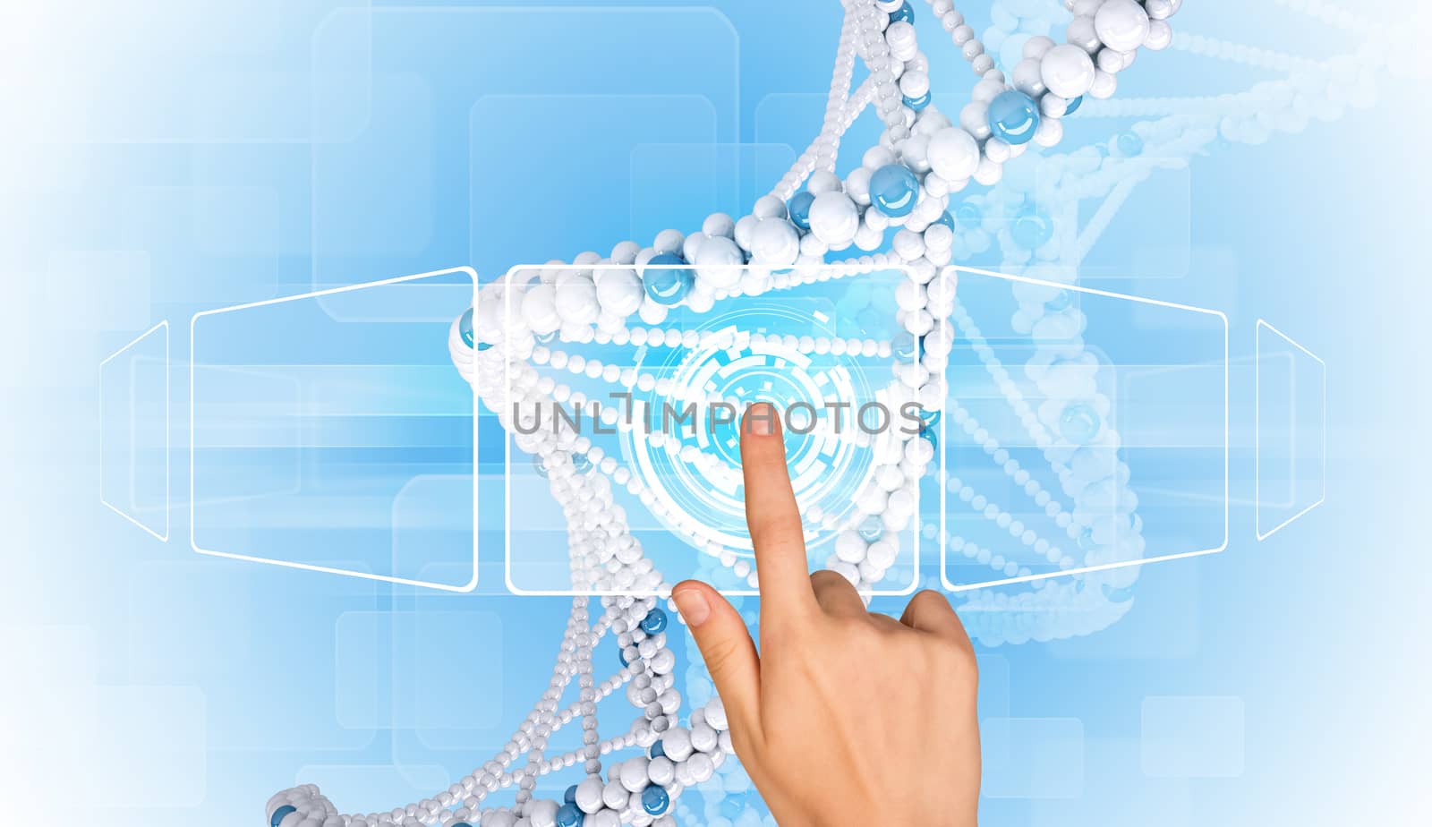 Hand finger presses on model of DNA. Scientific and medical concept