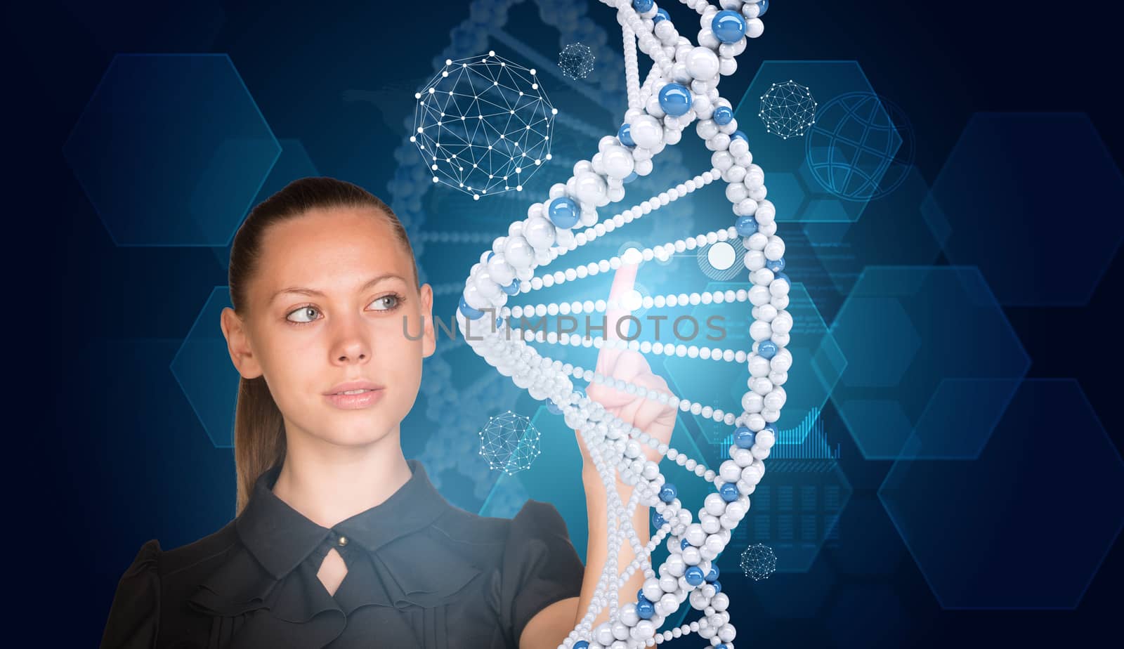 Beautiful businesswoman in dress presses finger on model of DNA by cherezoff