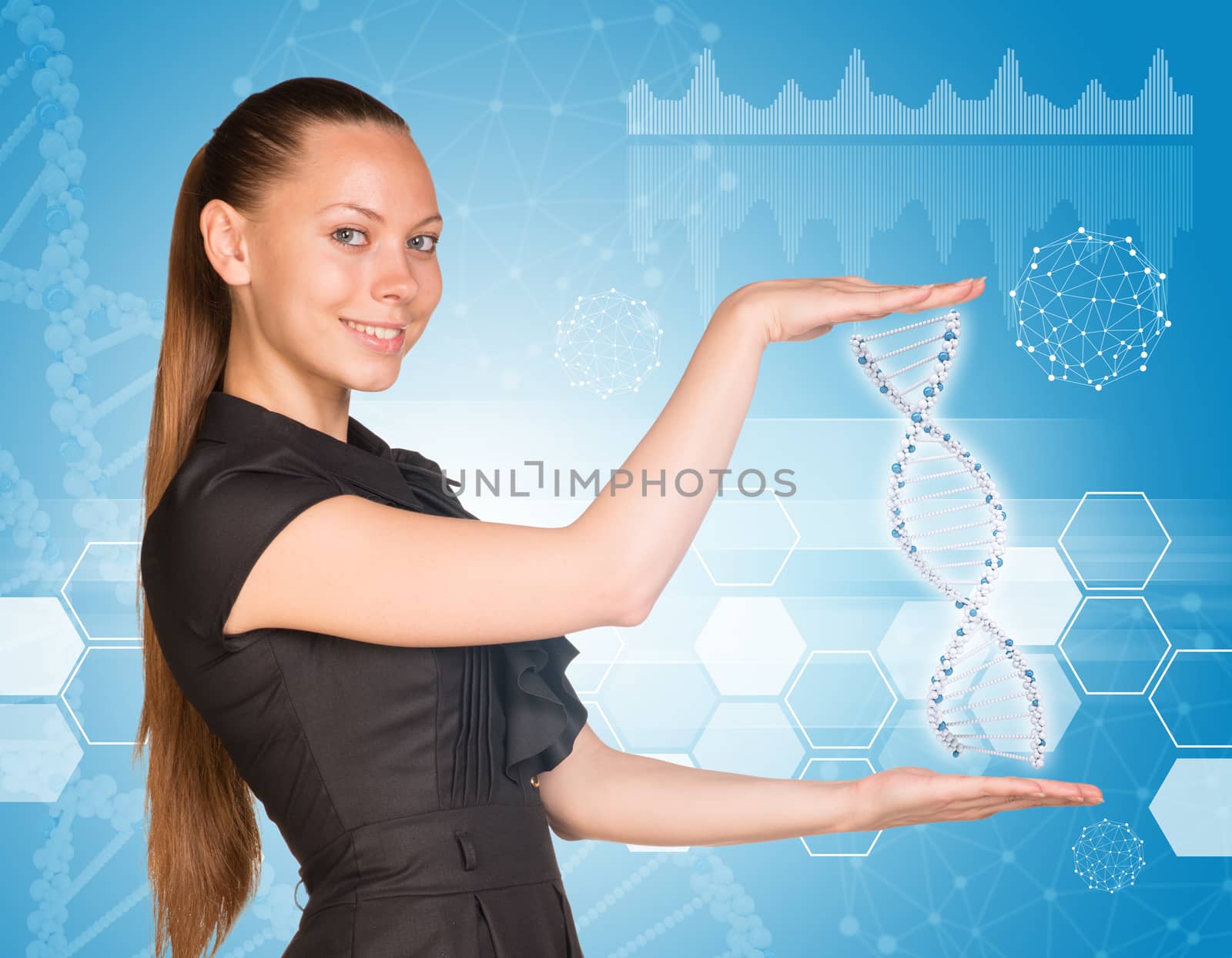 Beautiful businesswoman in dress smiling and holding model of DNA. Scientific and medical concept