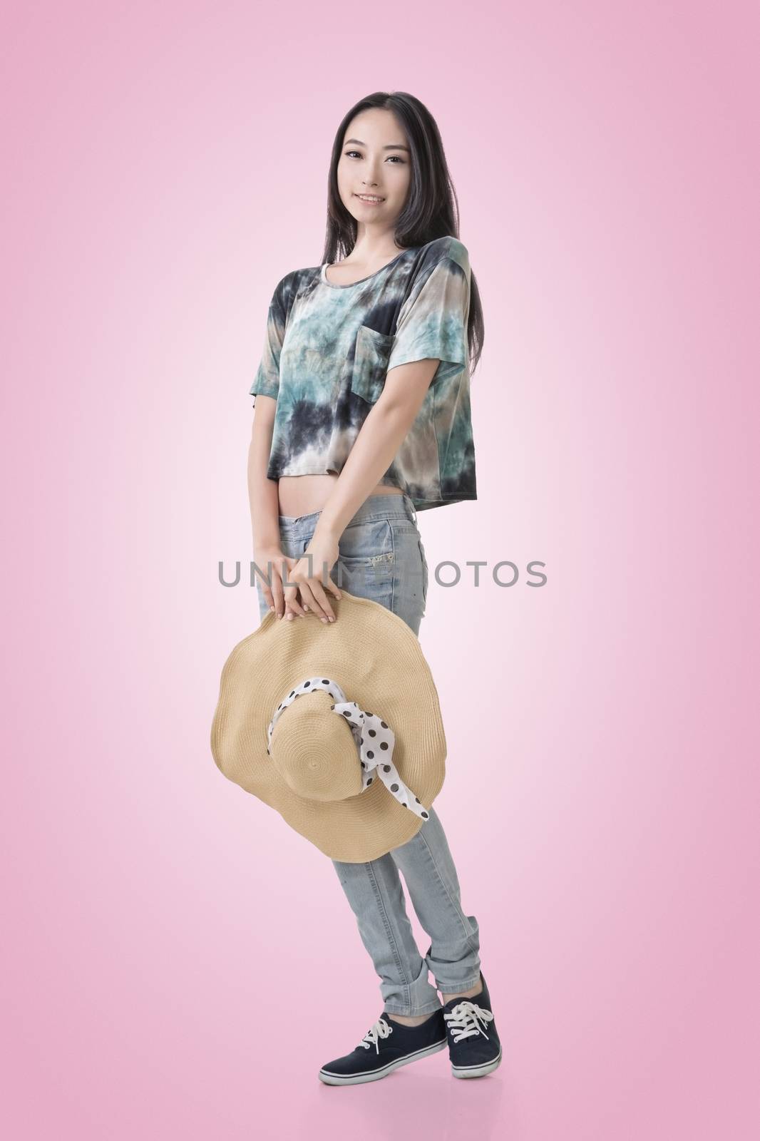 Asian beauty with hat, full length portrait isolated with clipping path.