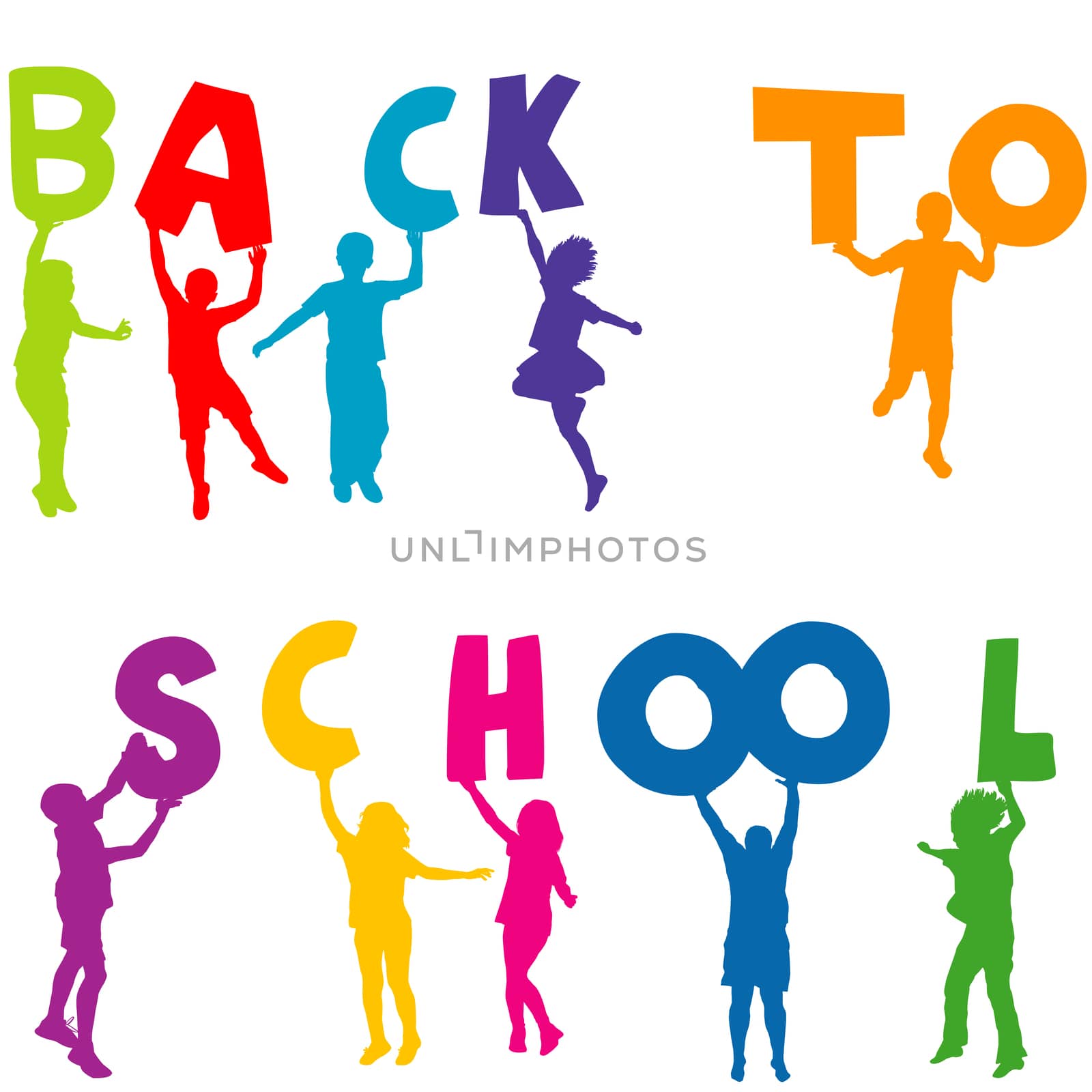 Children silhouettes holding letters with BACK TO SCHOOL