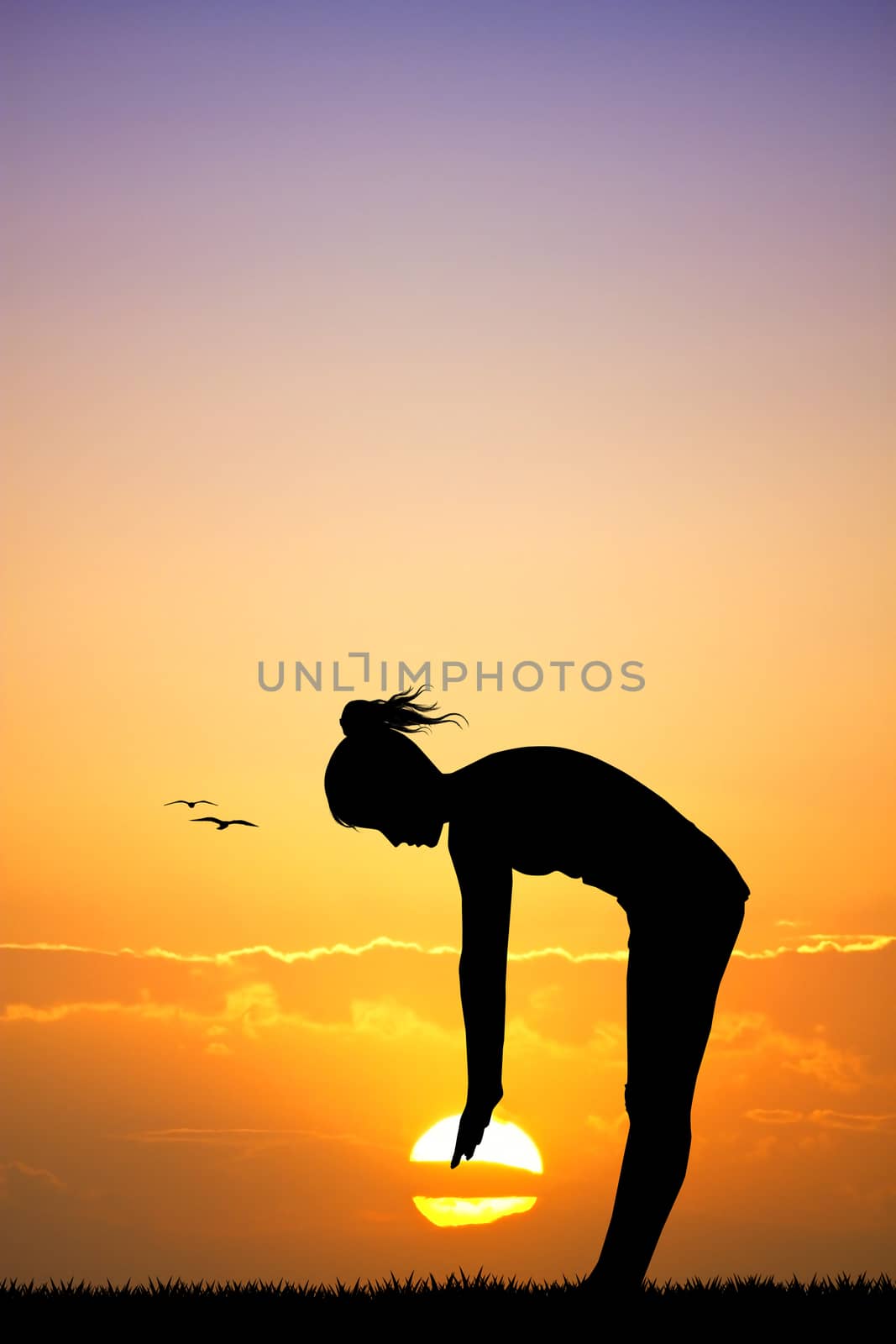 girl does exercises at dawn