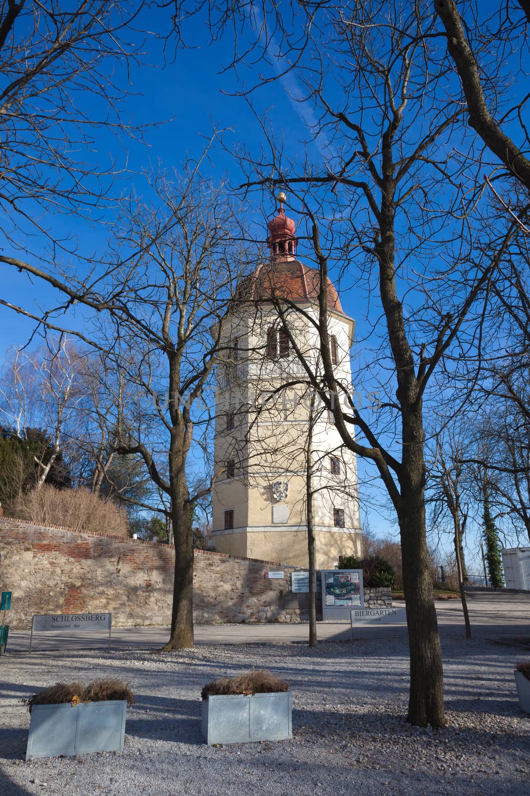 Graz, Austria - January 16, 2011: View of Glockenturm tower bell on Schlossberg hill, Graz, Styria, Austria