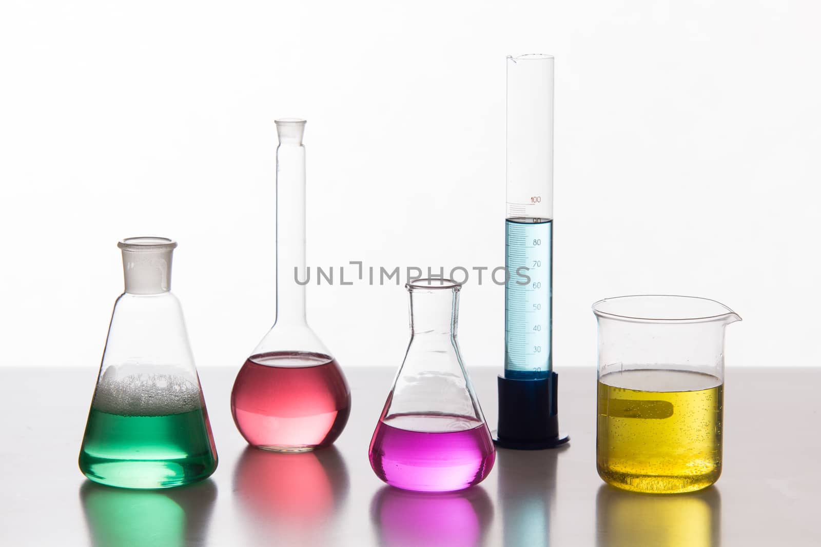 Glass in a chemical laboratory filled with colored liquid during by MichalLudwiczak