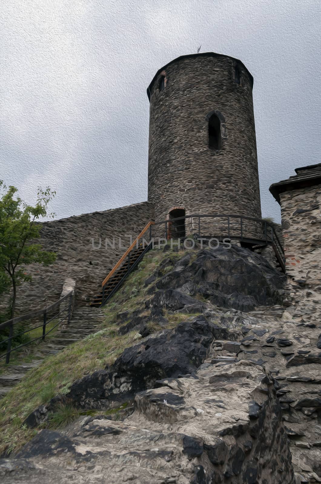 Medieval Strekov Castle in North Bohemia, Czech Republic. Oil paint effect.