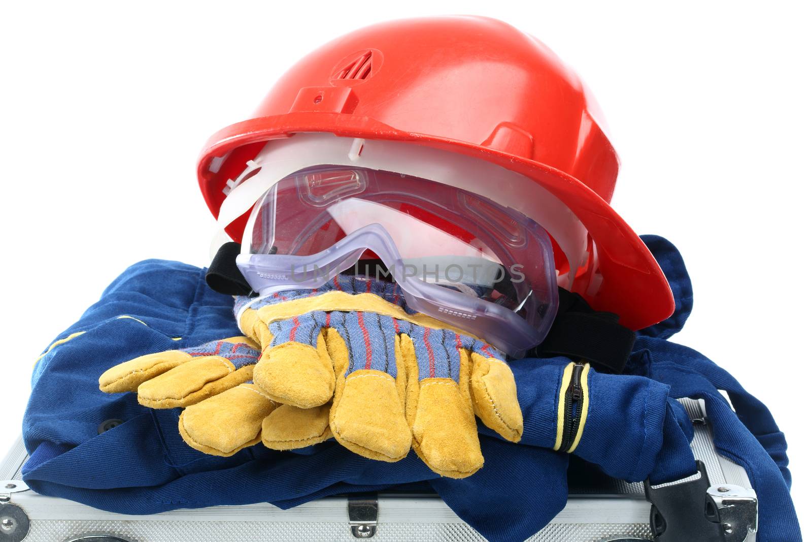 Safety equipment set, close up on white