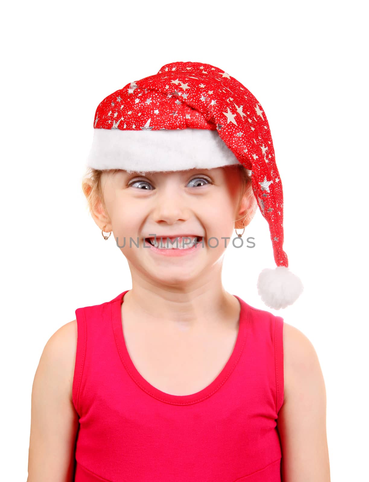 Cheerful Little Girl in Santa Hat Isolated on the White Background