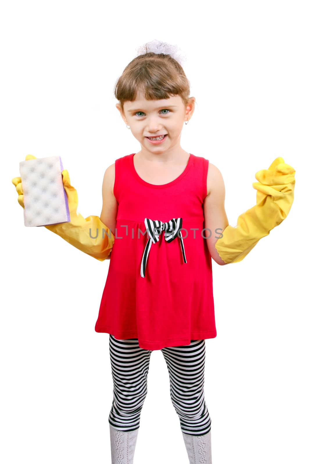 Cheerful Little Girl with Bath Sponge and Rubber Gloves Isolated on the White