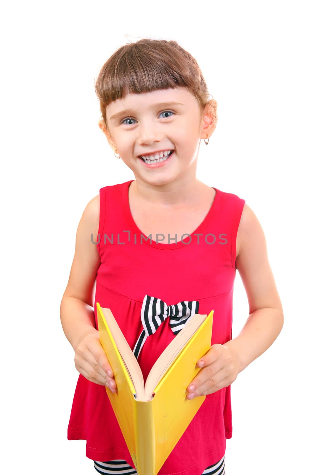 Little Girl reads a Book Isolated on the White Background