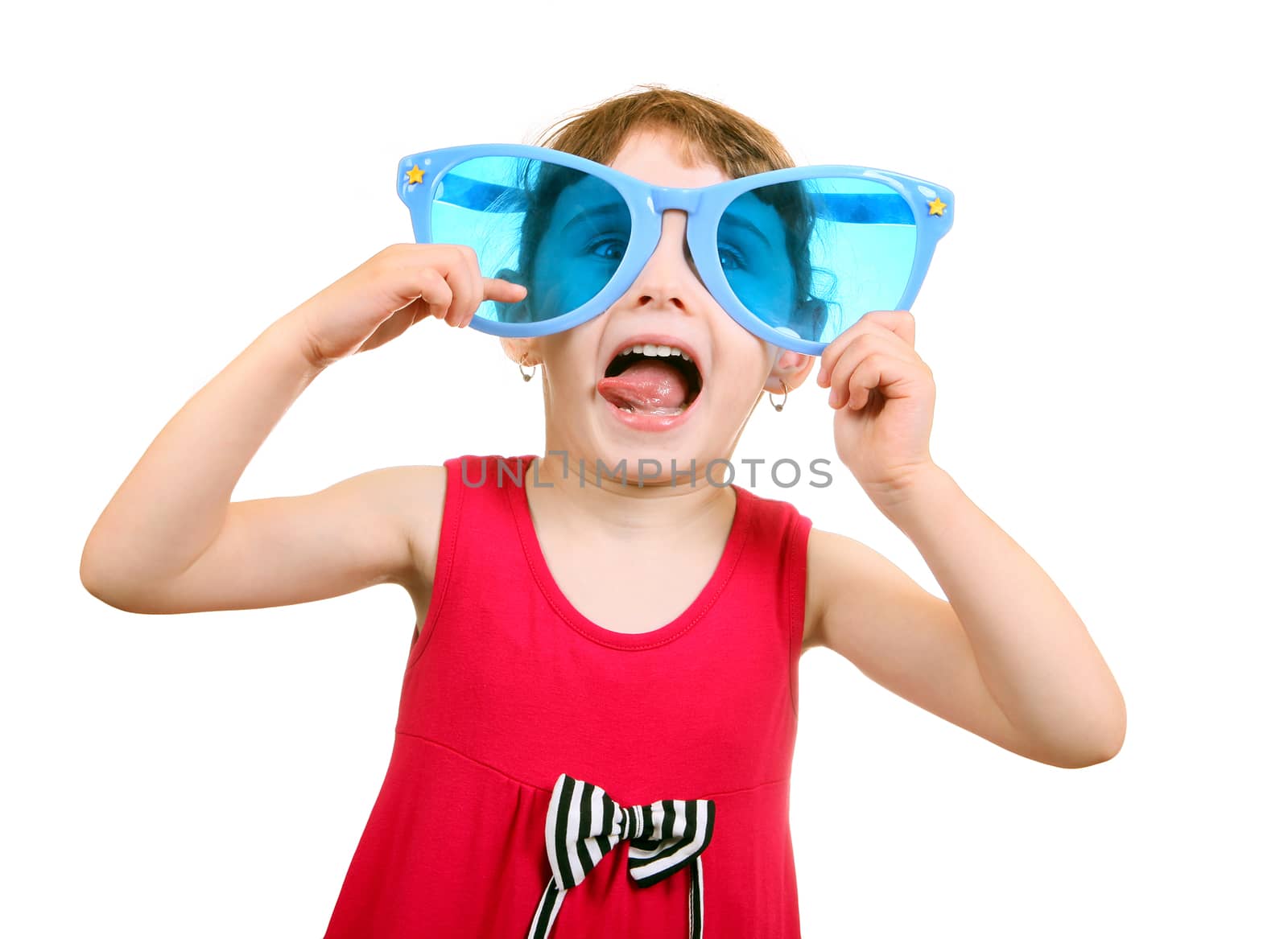 Cheerful Little Girl with Big Blus Glasses Isolated on the White Background