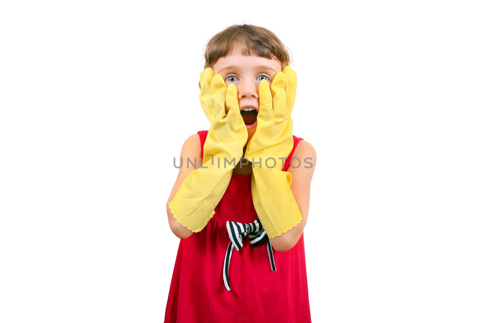 Surprised Little Girl in Rubber Gloves Isolated on the White Background