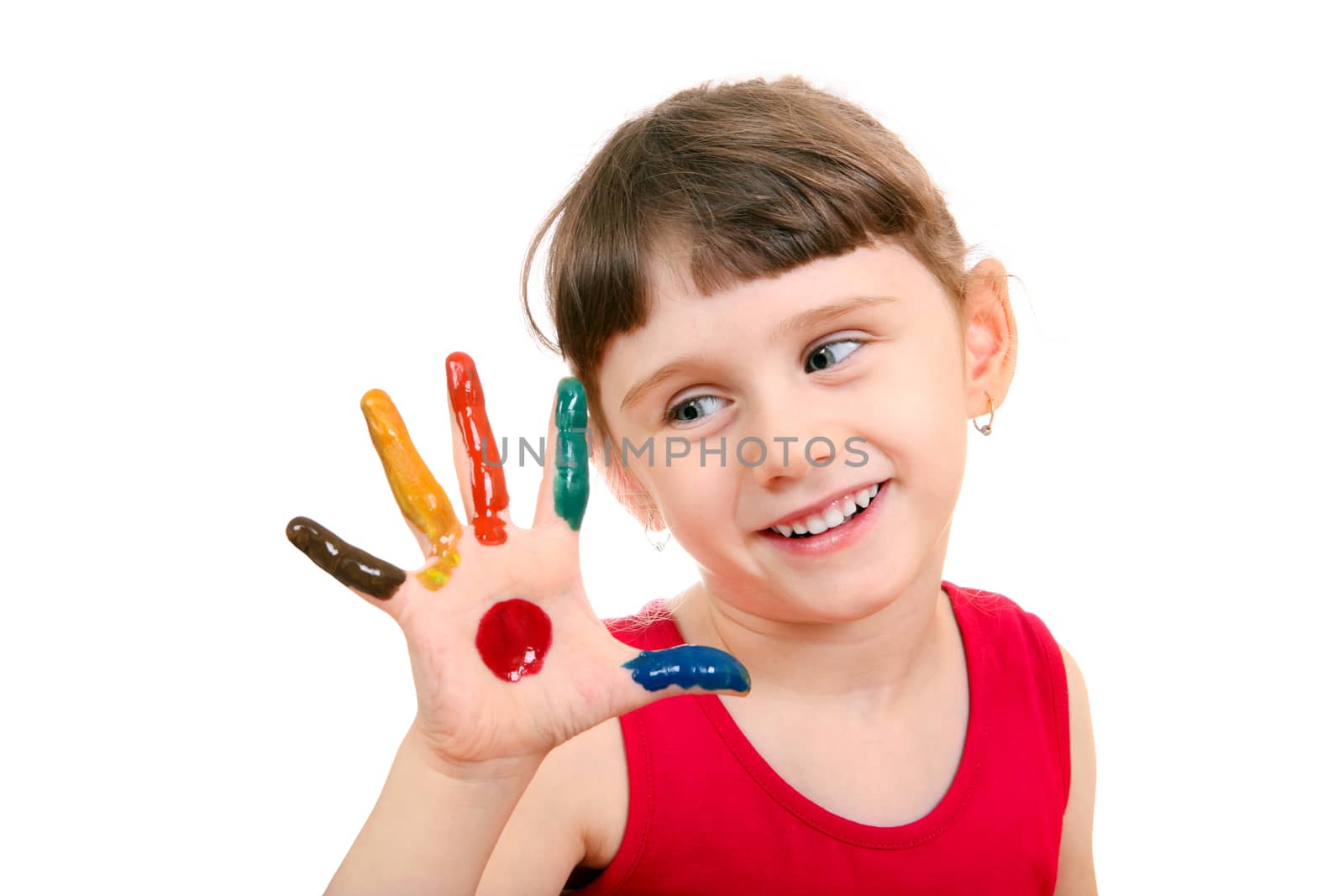 Cute Little Girl with Painted Palm Isolated on the White Background