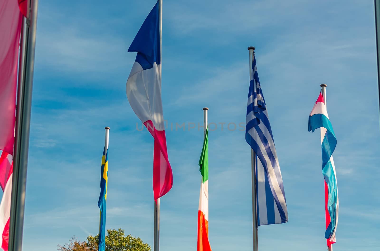 A group of international flags of various nations against blue sky.
