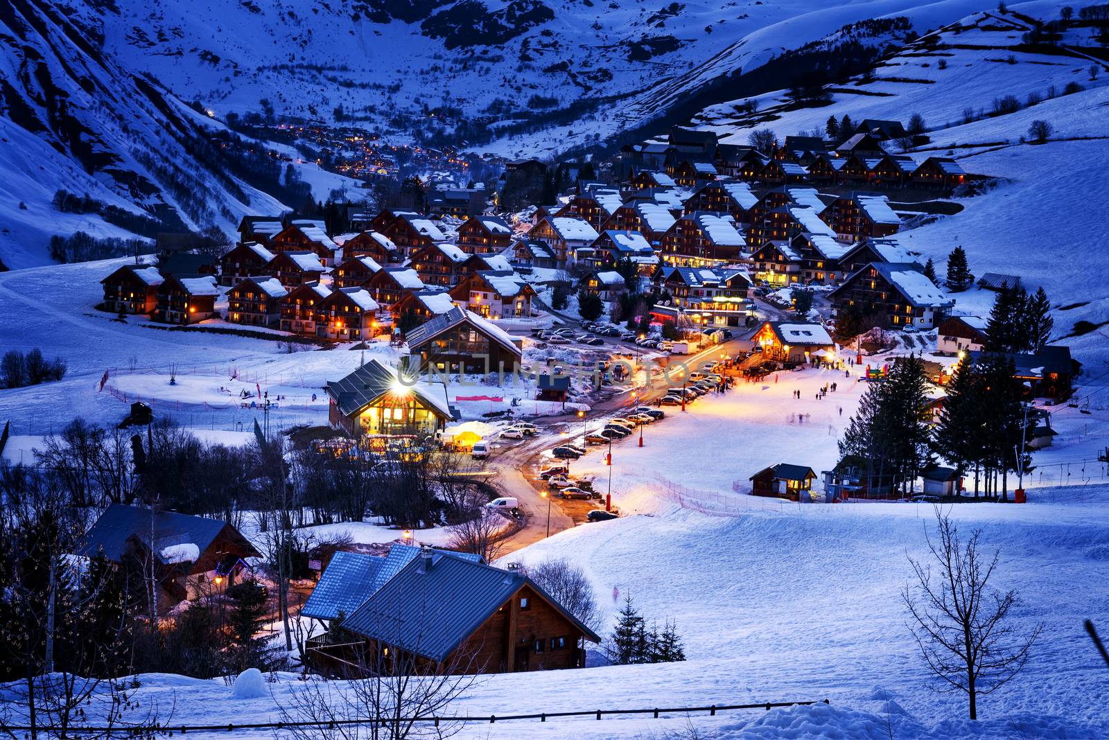 Evening landscape and ski resort in French Alps,Saint jean d'Arves, France 