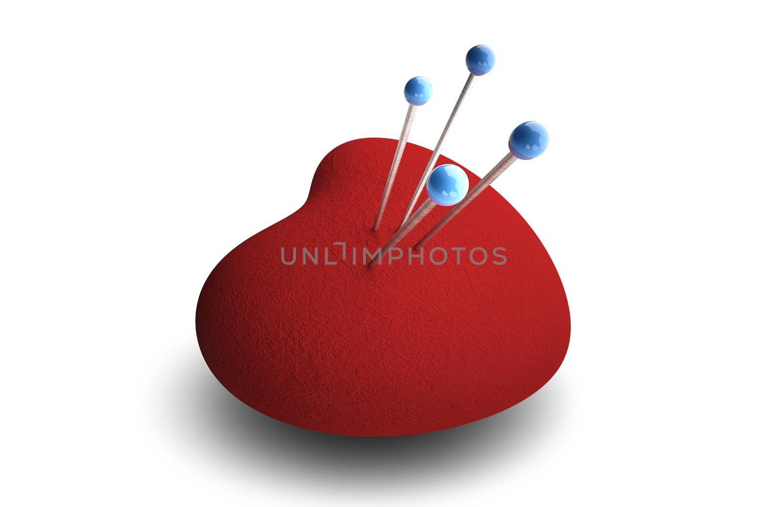3D rendering with a hart shaped pincushion pierced with needles 