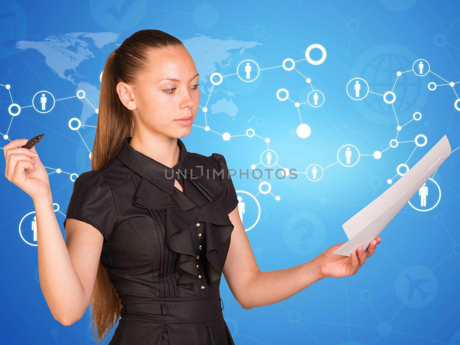 Beautiful businesswoman in dress holding empty paper sheet and marker. World map, network with people icons by cherezoff
