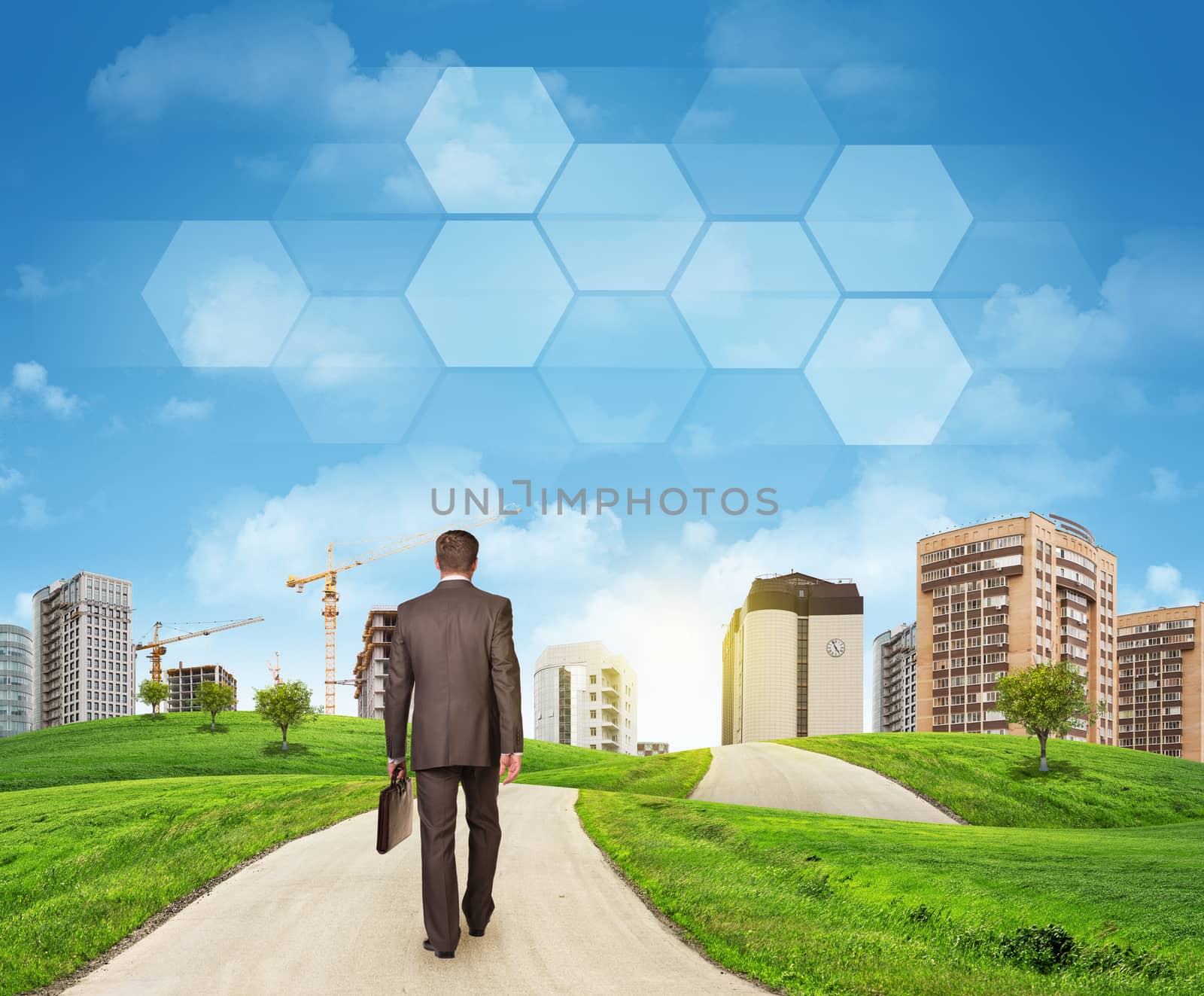 Businessman walks on road. Rear view. Buildings, grass field and sky with hexagons by cherezoff