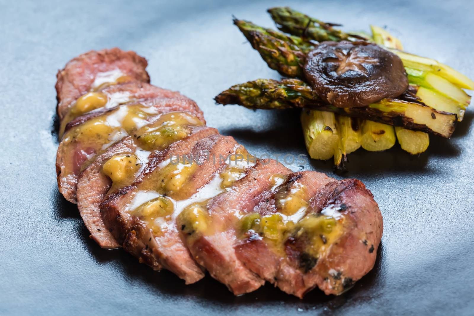 Duck breast on orange sauce with vegetable. Japanese cuisine. selective focus