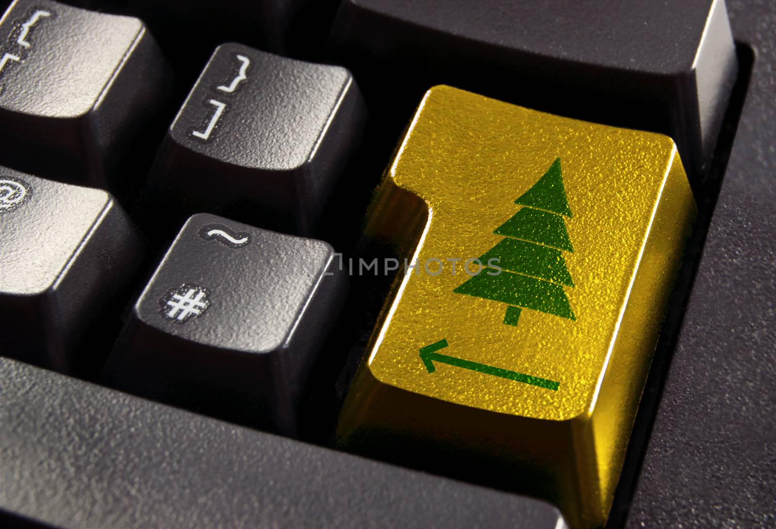 Gold computer enter key with green christmas tree symbol
