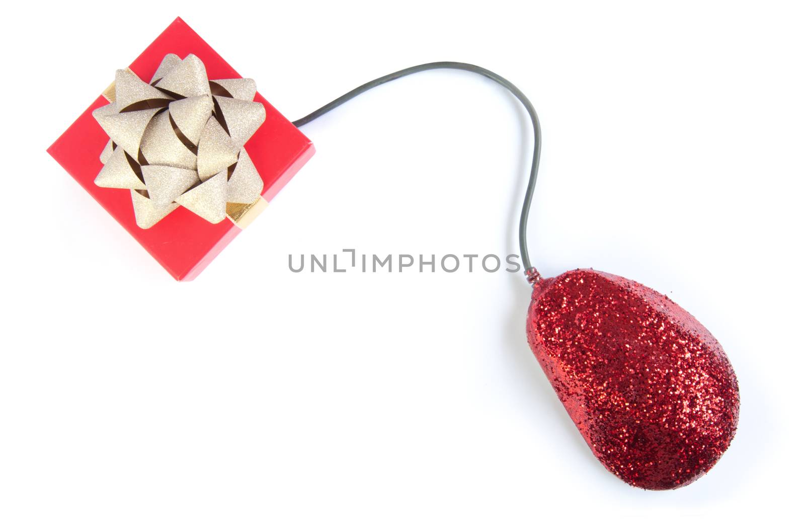 Glitter covered computer mouse attached to a gift box with ribbon bow 