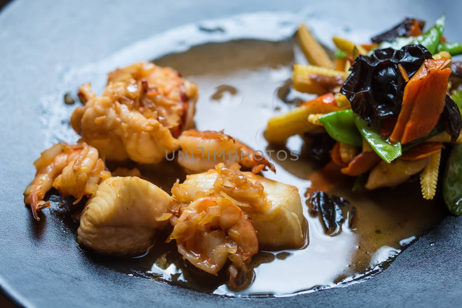 Japanese Cuisine - Ebi Tempura with Vegetables. Selective focus