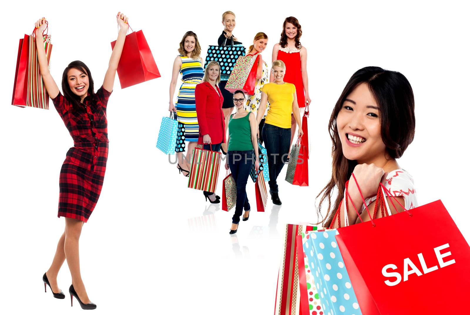 Smiling women with colorful shopping bags