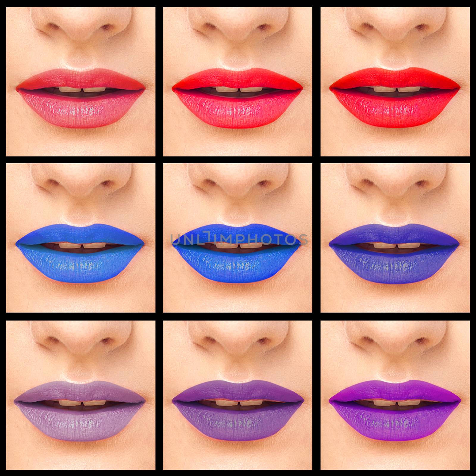 Collage close-up images of colorful woman lips
