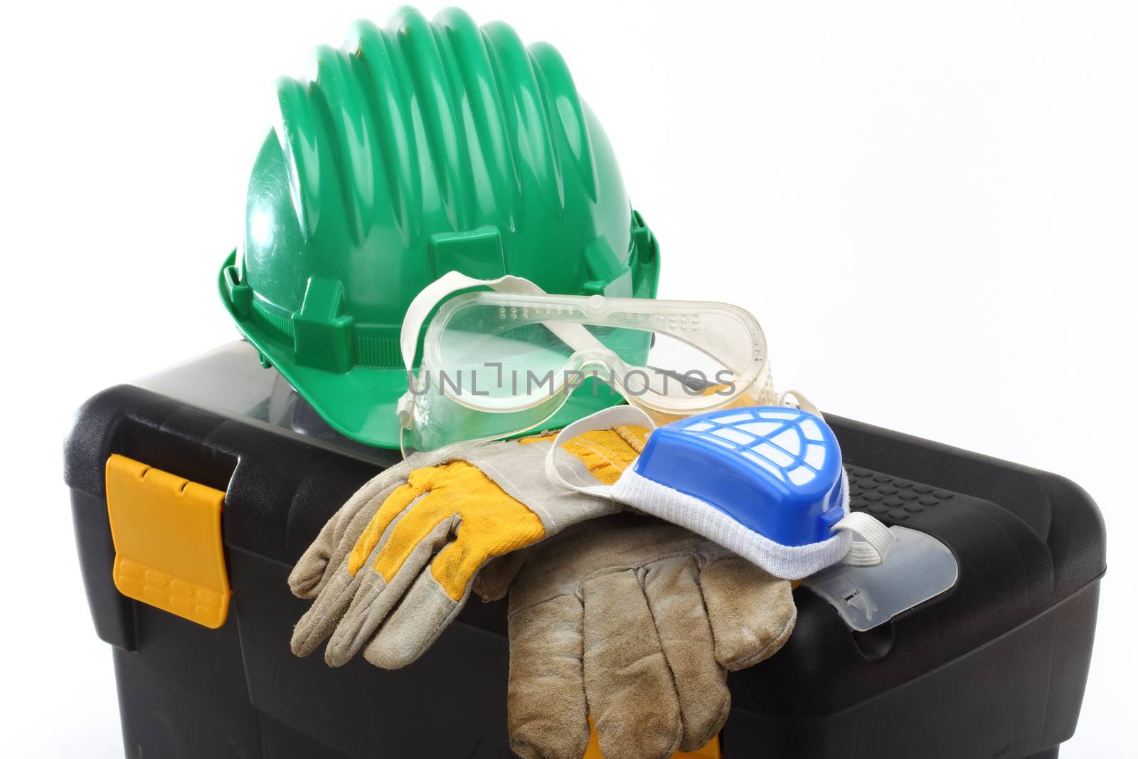 Safety equipment set, close up on white 