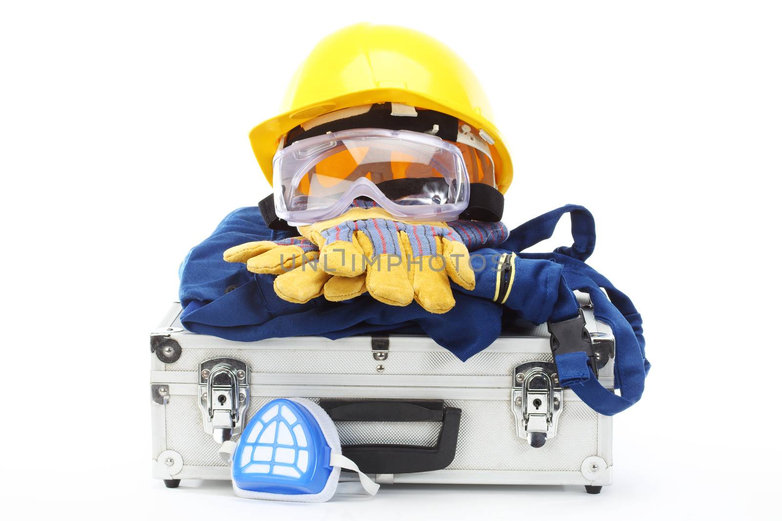 Safety equipment set, close up on white 