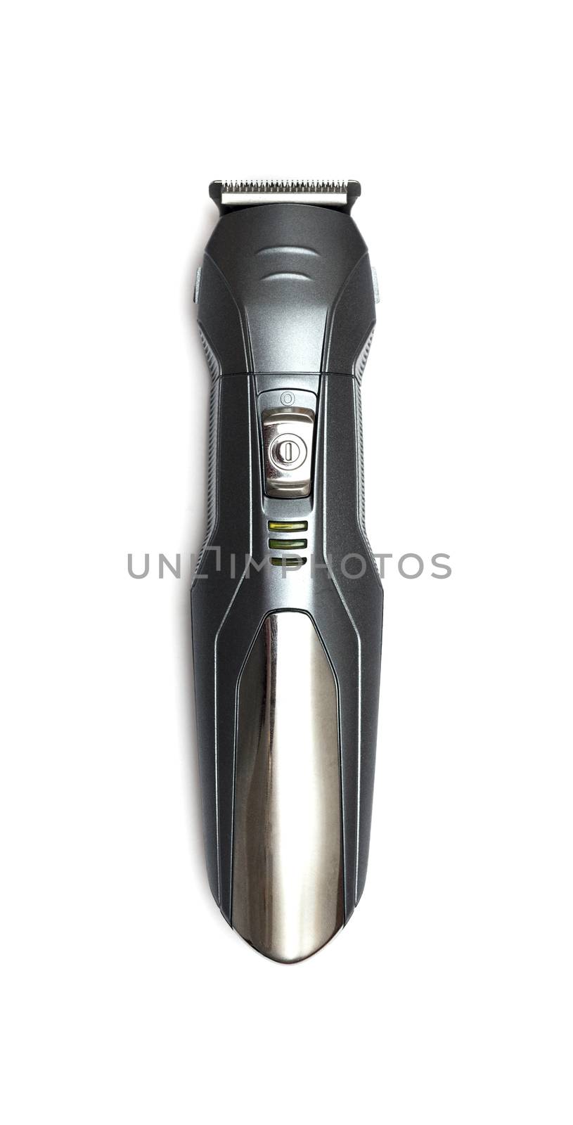 Black hair clippers closeup isolated on white background