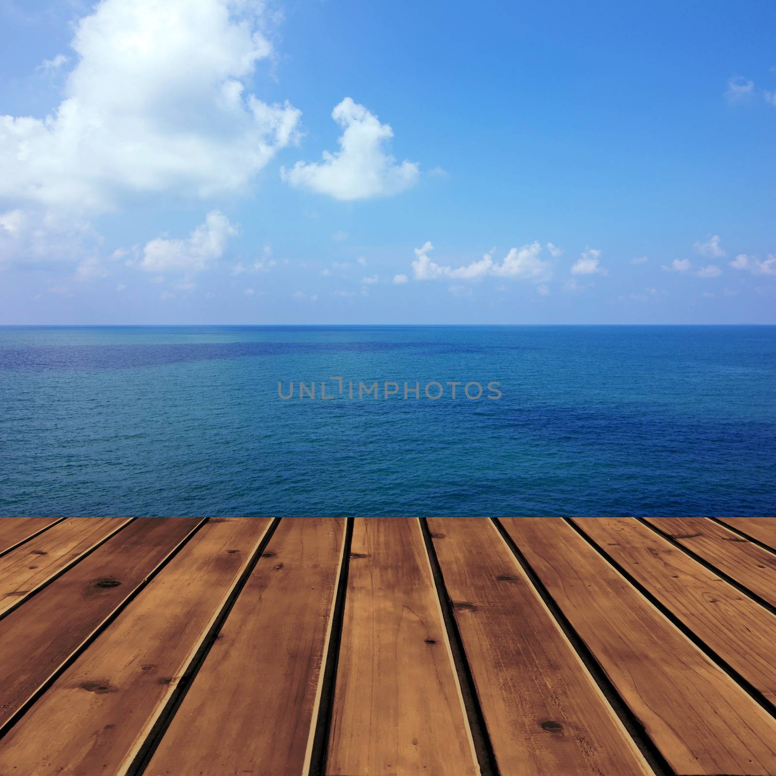 Ocean with sky and wood floor by liewluck