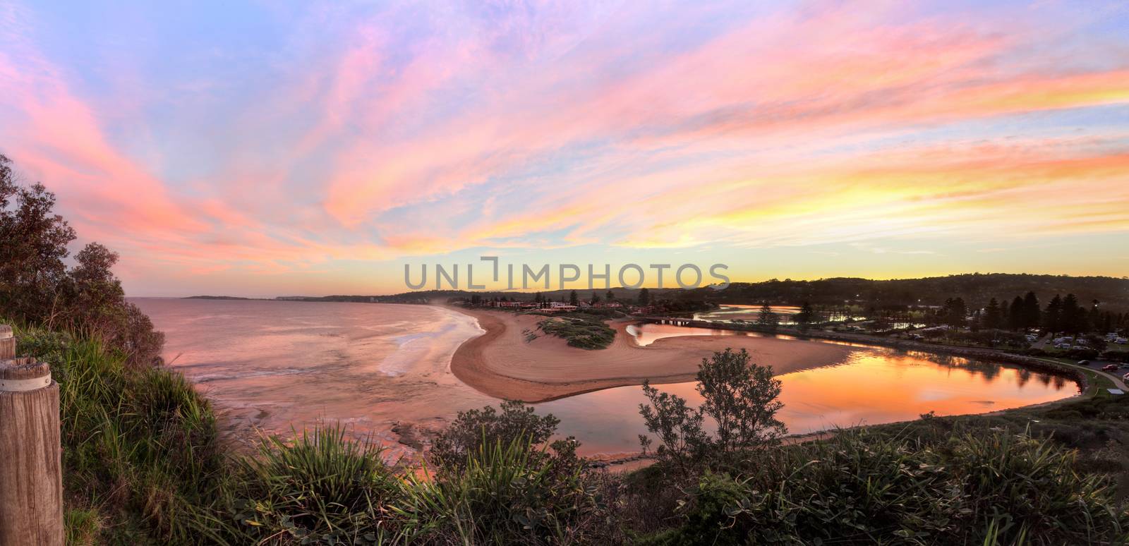 Multiple image stitched panorama from Narrabeen Head, with views south along Narrabeen beach and Narrabeen lakes entrance.