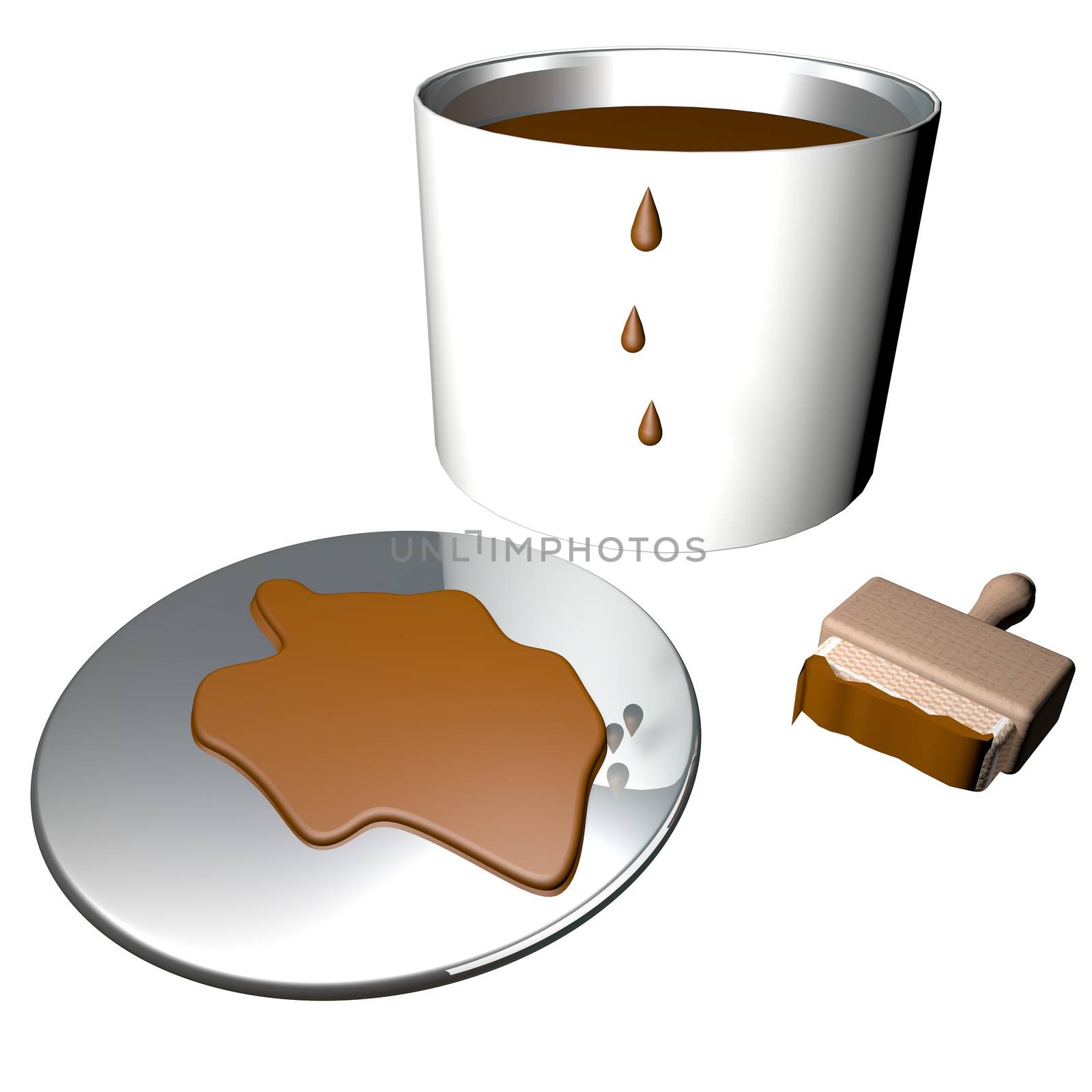 Brown paint in barrel with brush, 3d render