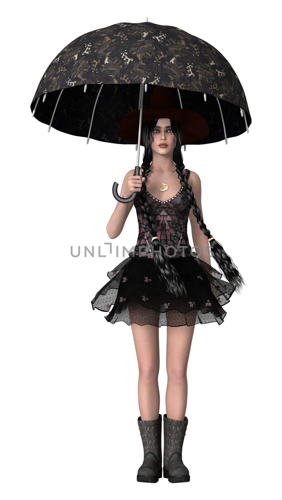 3D digital render of an atractive gothic girl holding an umbrella isolated on white background