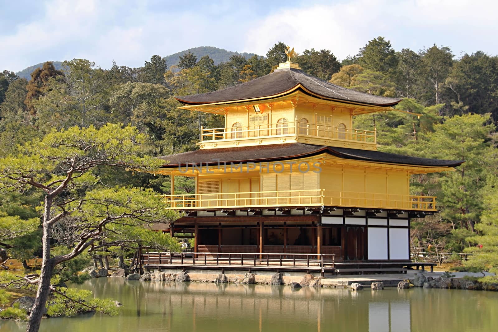 Photo shows old Japanese golden temple in the middle of the park.