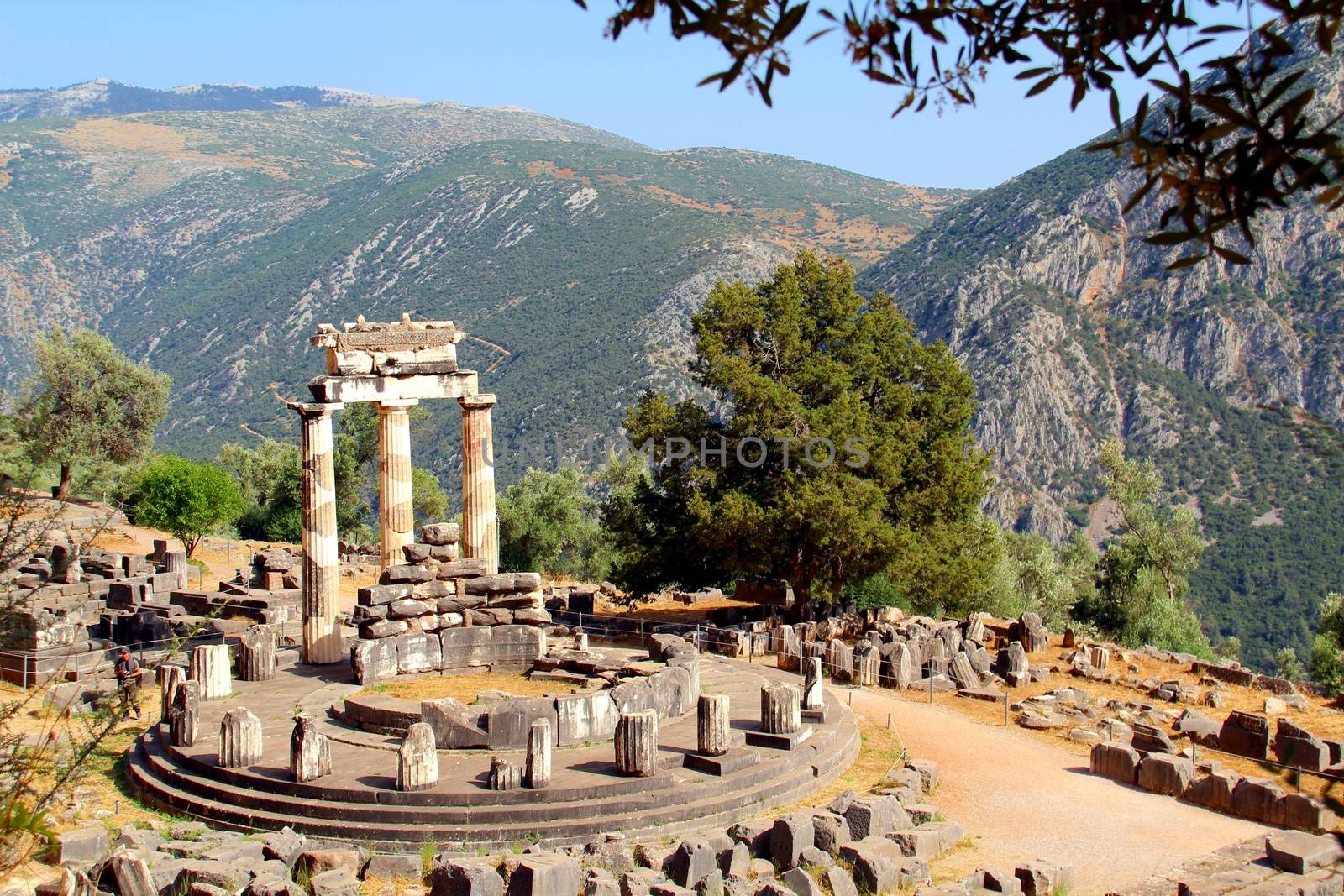 Photo shows old Delphi temple in the middle of the woods.