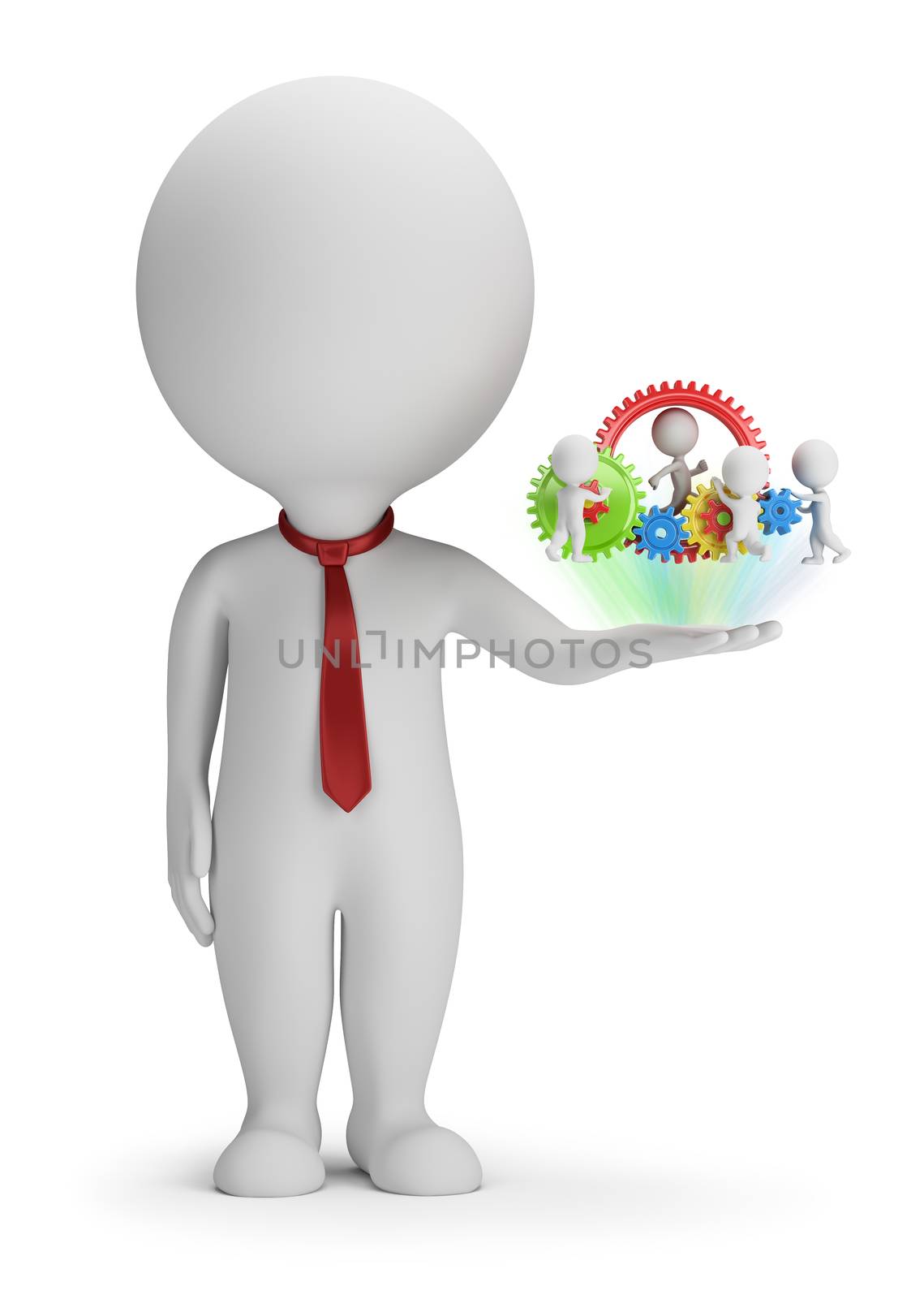 3d small people - manager and his team on the palm. 3d image. White background.