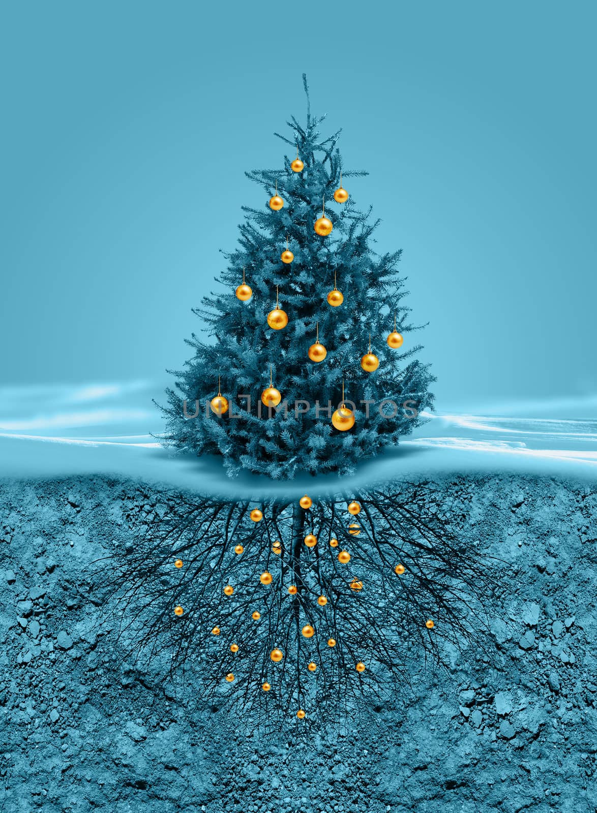 Christmas tree with golden balls, roots in soil beneath