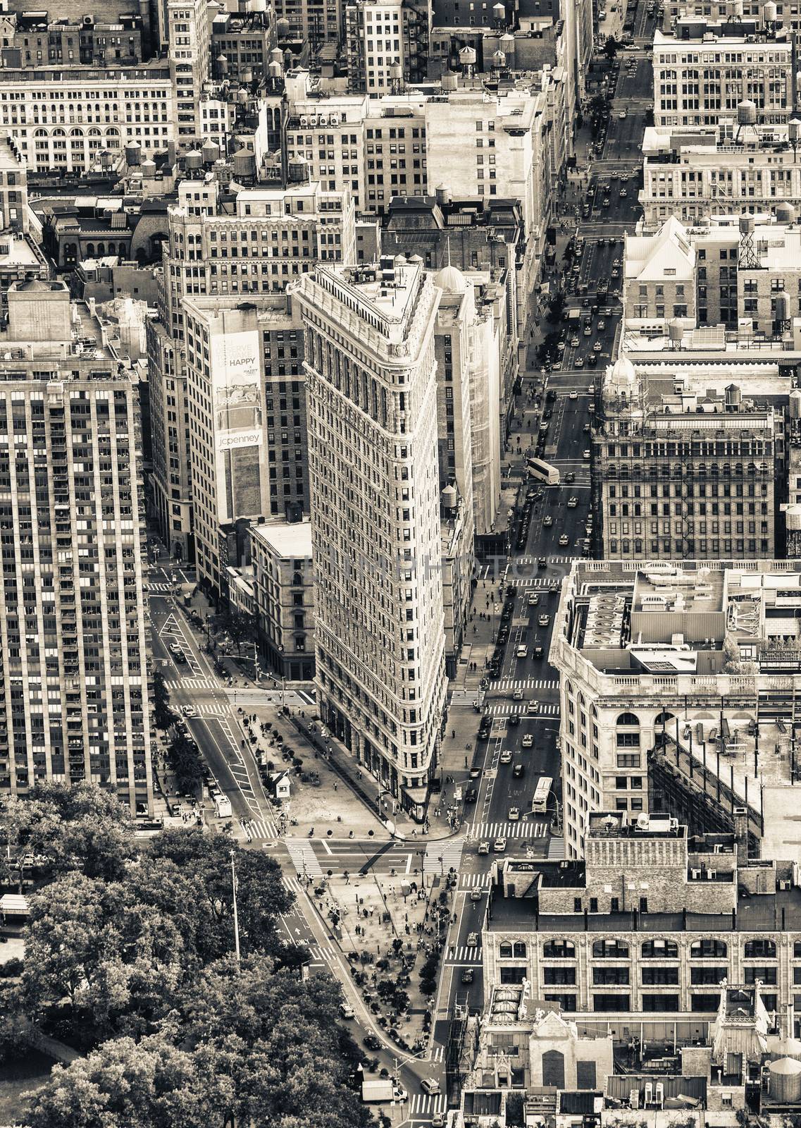 NEW YORK, NY, USA - JUNE 9: Aerial view of Flat Iron building, built in 1902 is of the first skyscrapers ever built, taken on June 9, 2013 in New York City, United States