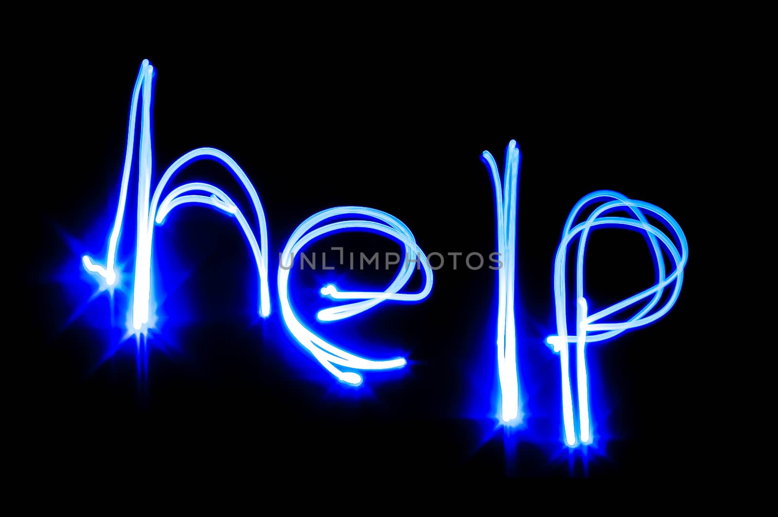 help sign written in blue light against a black background