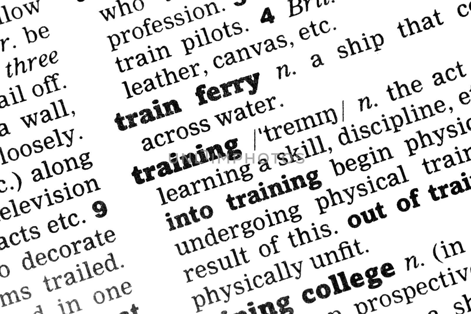 Training Dictionary Definition closeup black and white