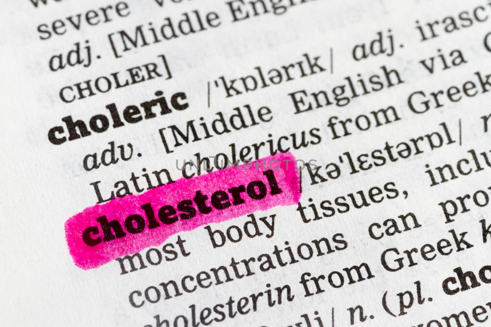 Cholesterol  highlighted in dictionary with pen closeup
