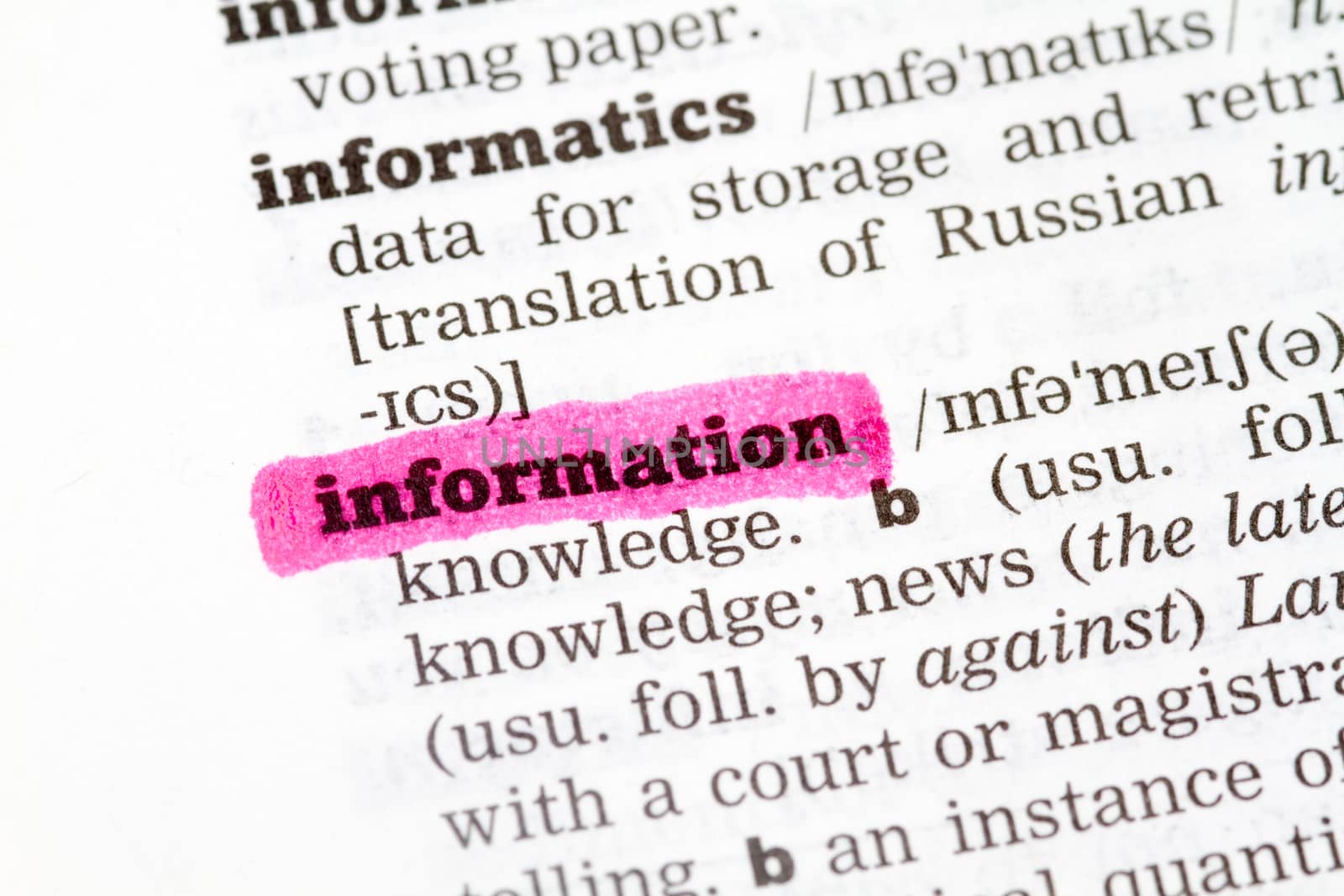 Information Dictionary Definition single word with soft focus