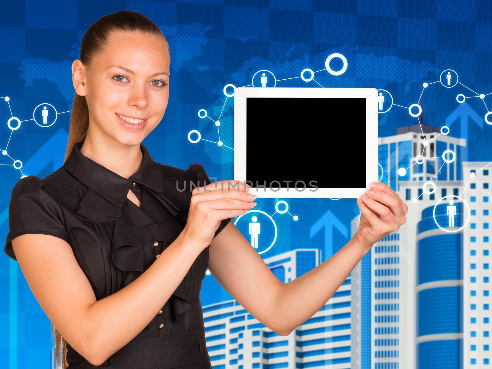 Beautiful businesswoman in dress smiling and holding tablet pc. Network with people icons, buildings and world map as backdrop