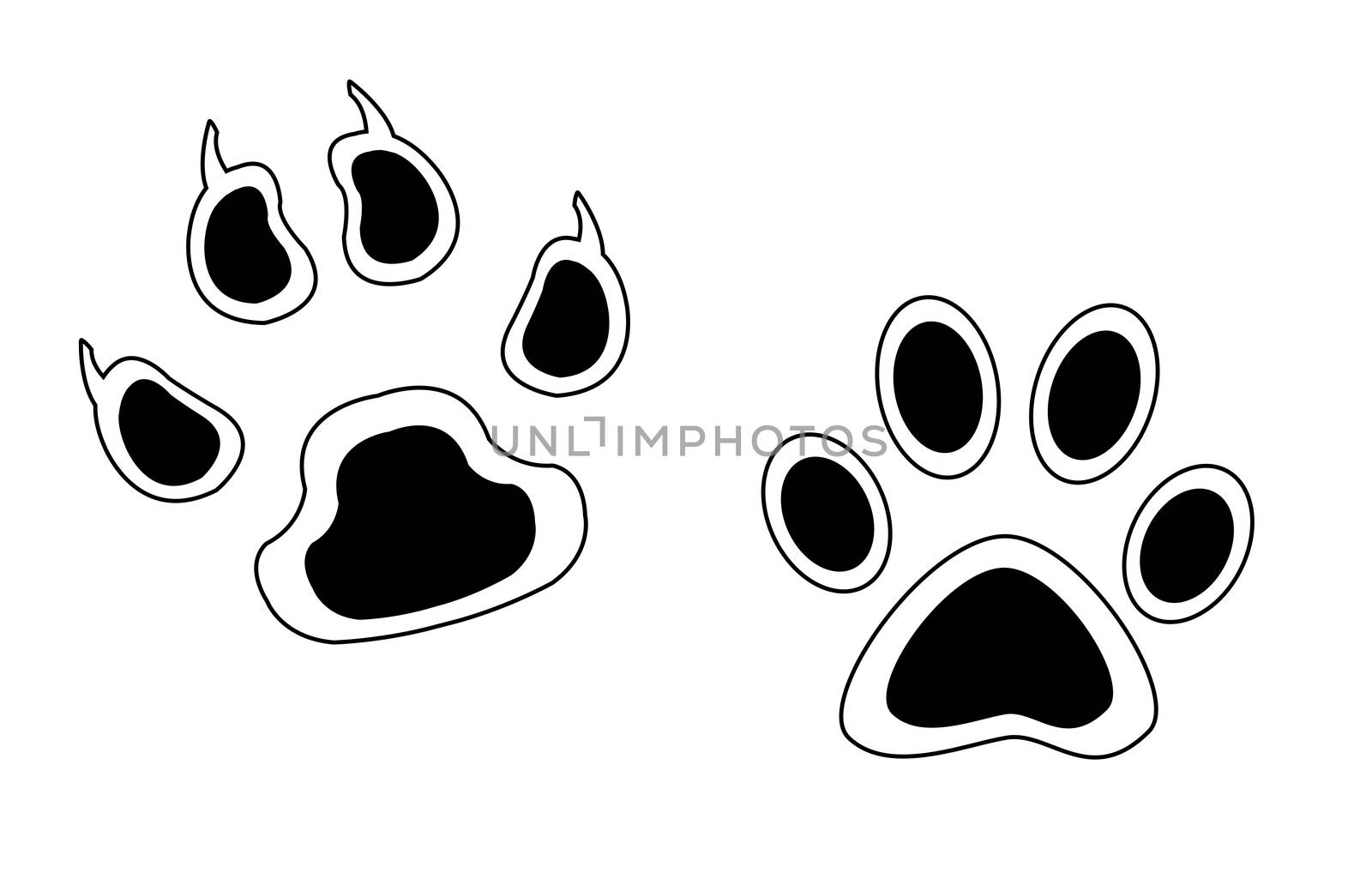 Sketch footprints of animals with claws and without. Isolated on white background