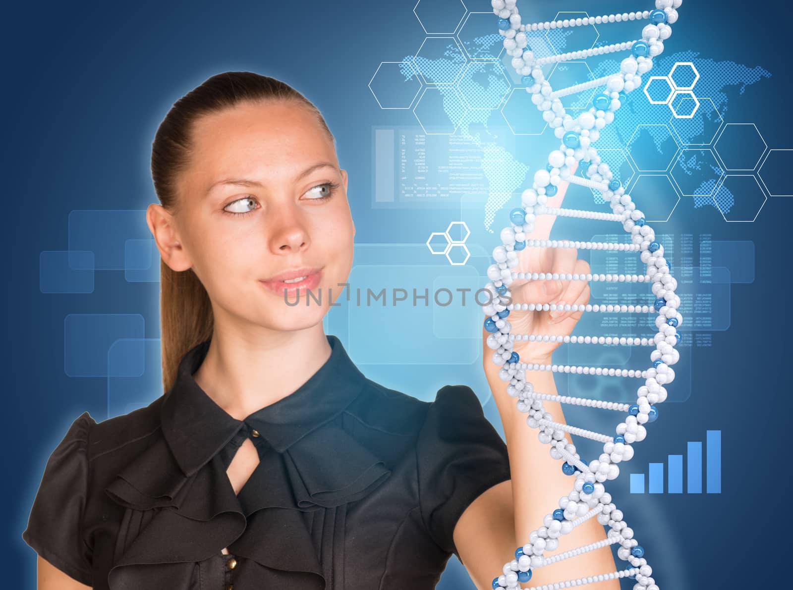 Beautiful woman in dress pointing finger on DNA model by cherezoff