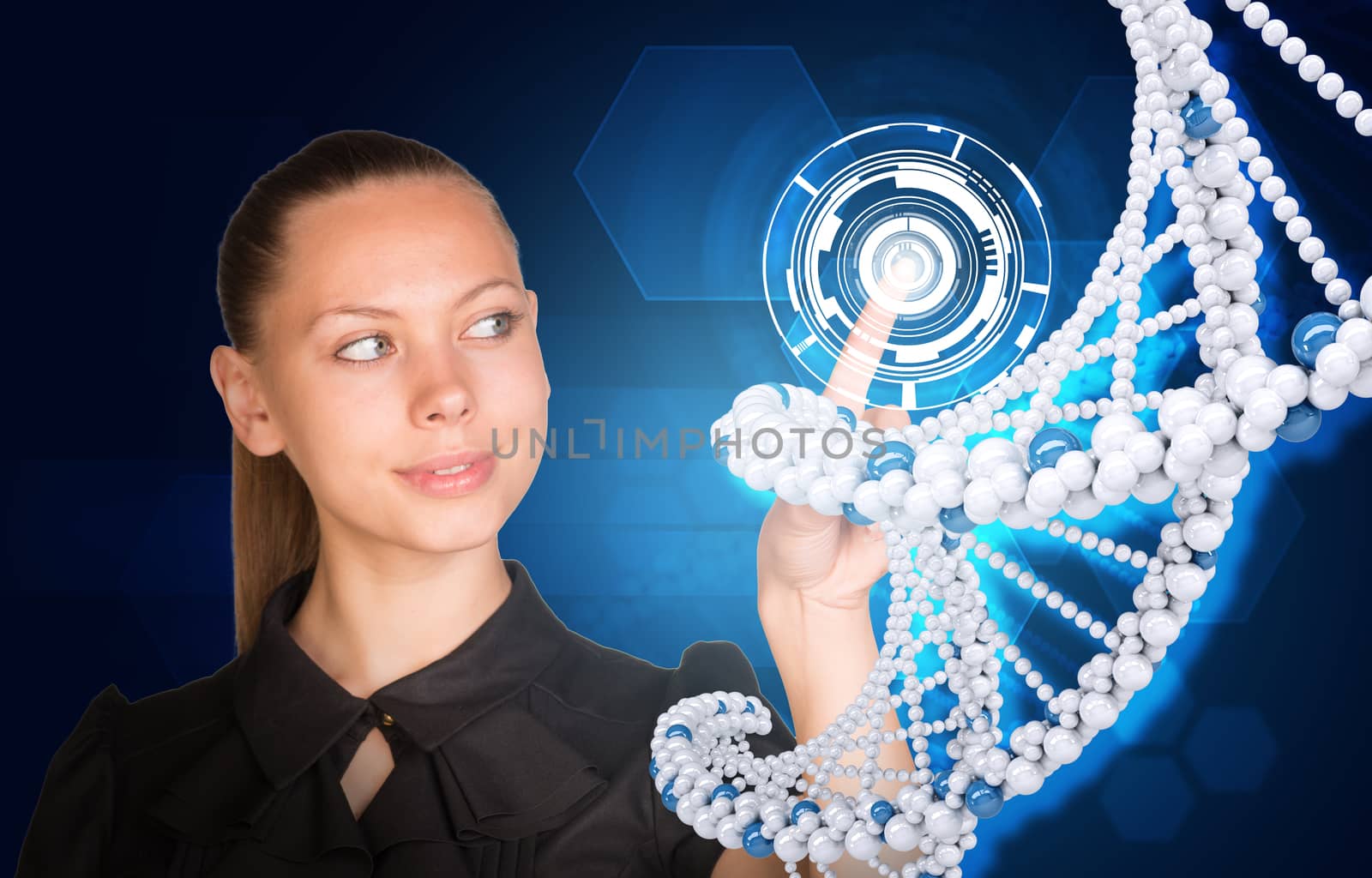 Beautiful businesswoman in dress smiling and presses finger on model of DNA. Scientific and medical concept